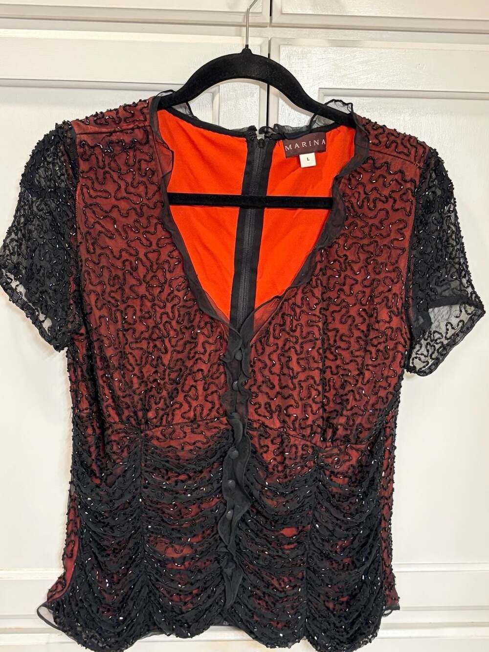 Vintage Marina Bresler 100% Silk Beaded Blouse Red Black Y2K Ruched Evening Top